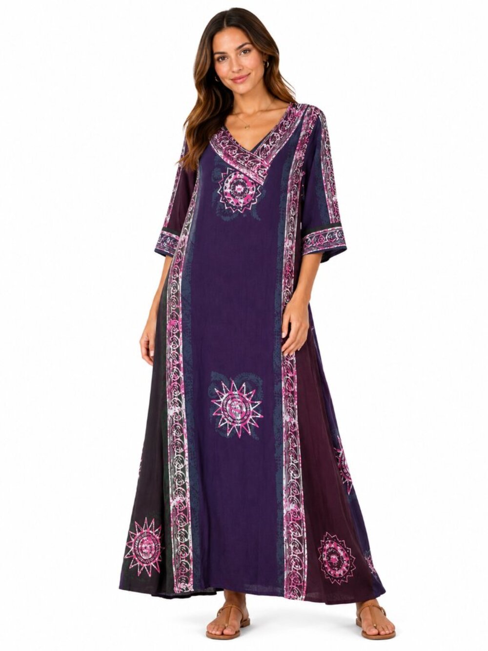 NOVICA Purple Bohemian Batik Floral Panel Rayon Maxi Dress Asymmetric V-Neck L